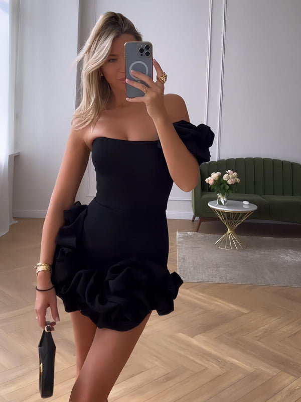 Damen Asymmetrisches Rüschen Mini Abendkleid