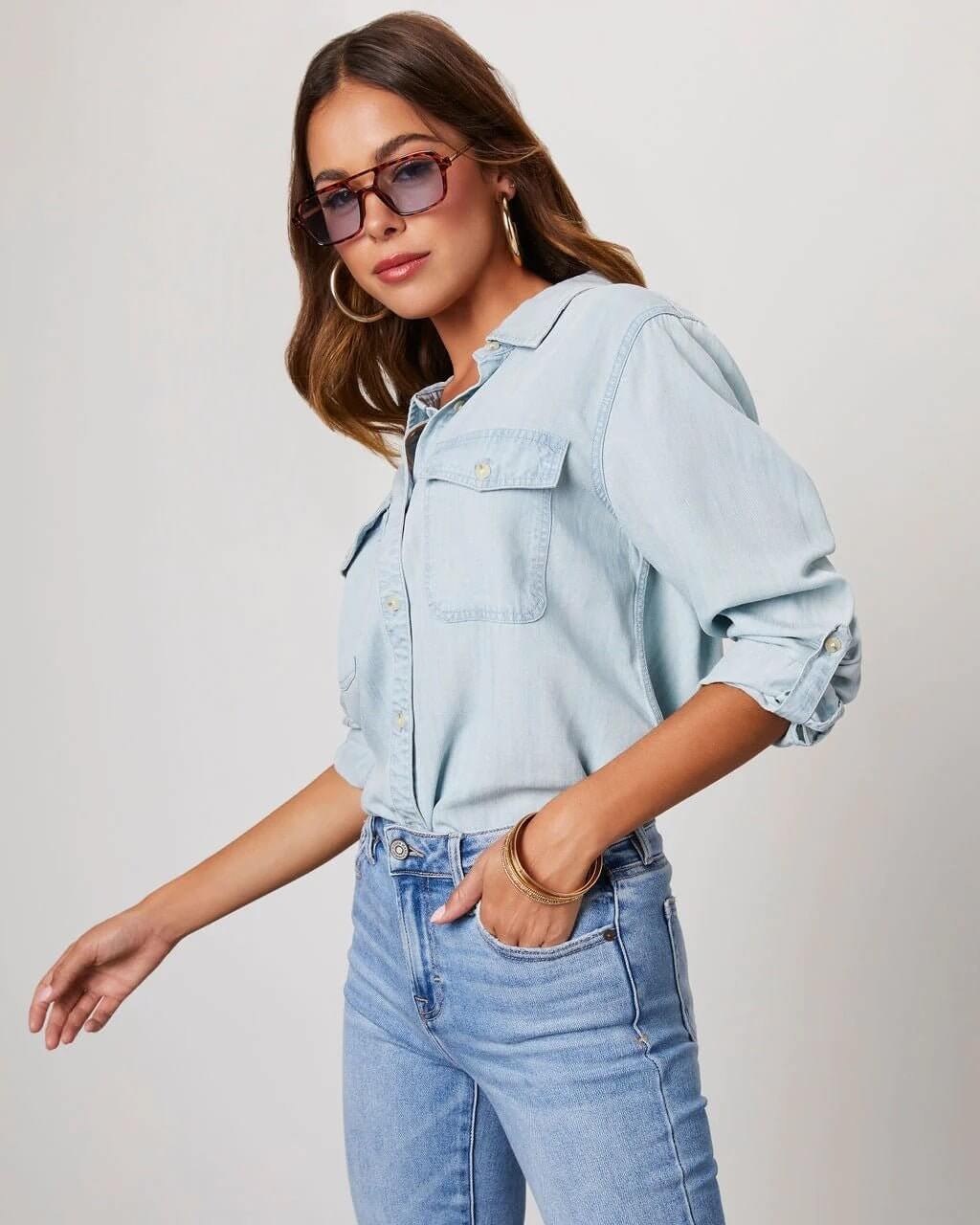 Damen Oversized Brusttaschen Denim Bluse