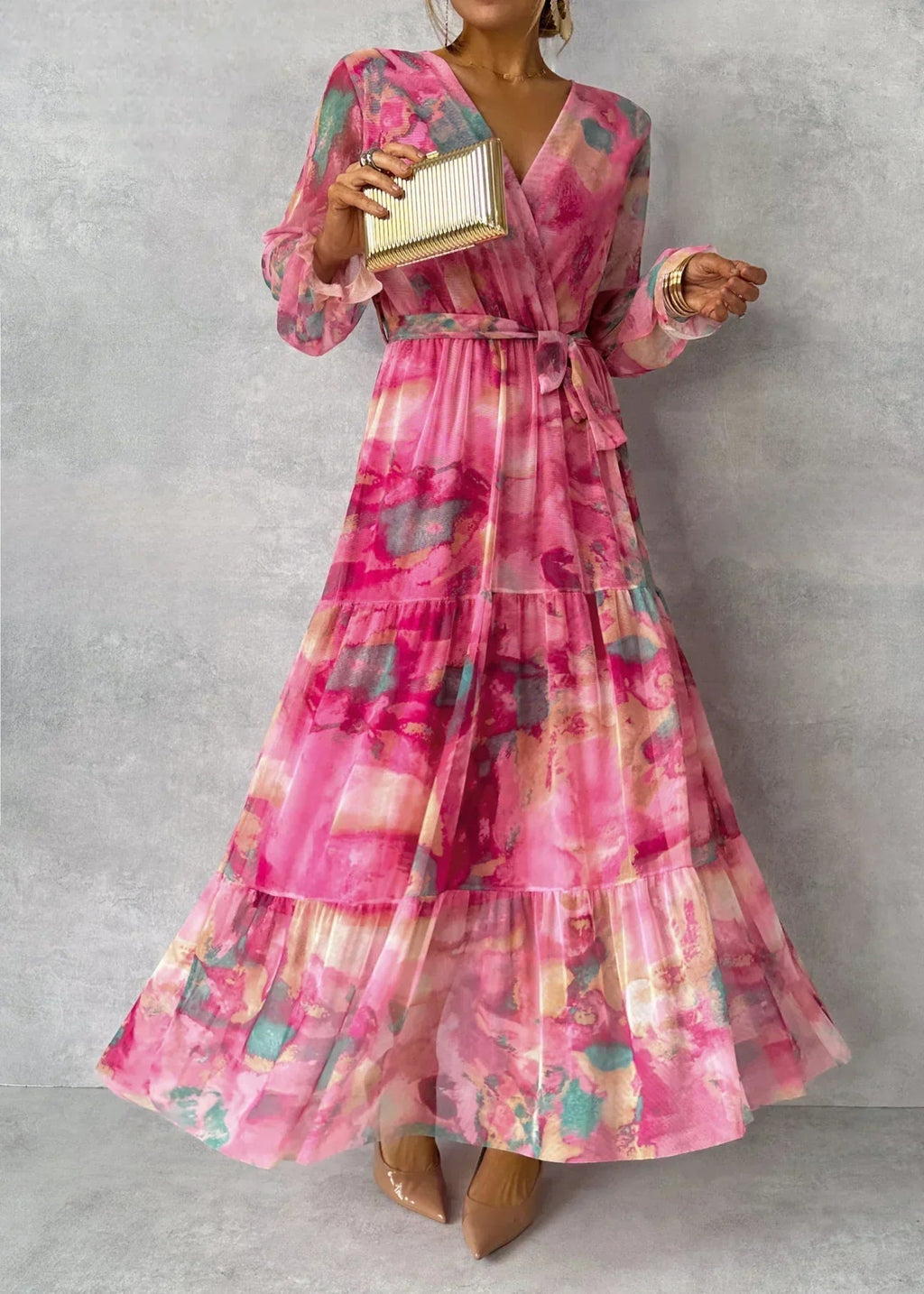 Maxi Kleid Damen | Blumenmuster, V-Ausschnitt & Laternenärmel