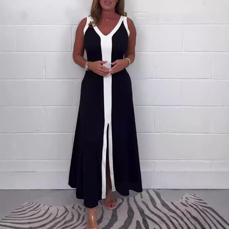 Maxi Kleid Damen | Colorblock-Kontraststreifen & V-Ausschnitt mit Schlitz