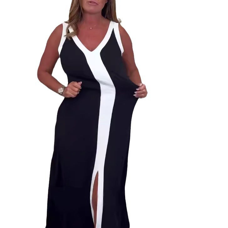 Maxi Kleid Damen | Colorblock-Kontraststreifen & V-Ausschnitt mit Schlitz