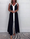 Maxi Kleid Damen | Colorblock-Kontraststreifen & V-Ausschnitt mit Schlitz