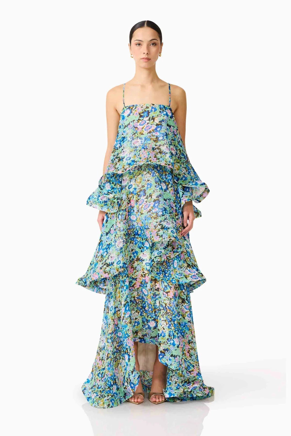 Maxi Kleid Damen | Gestufte Volants & Romantischer Blumendruck