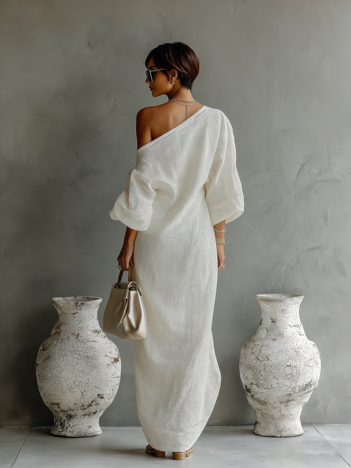Maxi Kleid Damen | One-Shoulder Design mit Volumen-Ärmeln