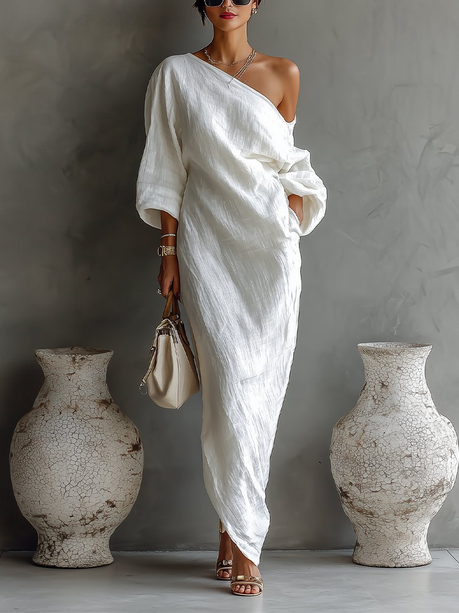 Maxi Kleid Damen | One-Shoulder Design mit Volumen-Ärmeln