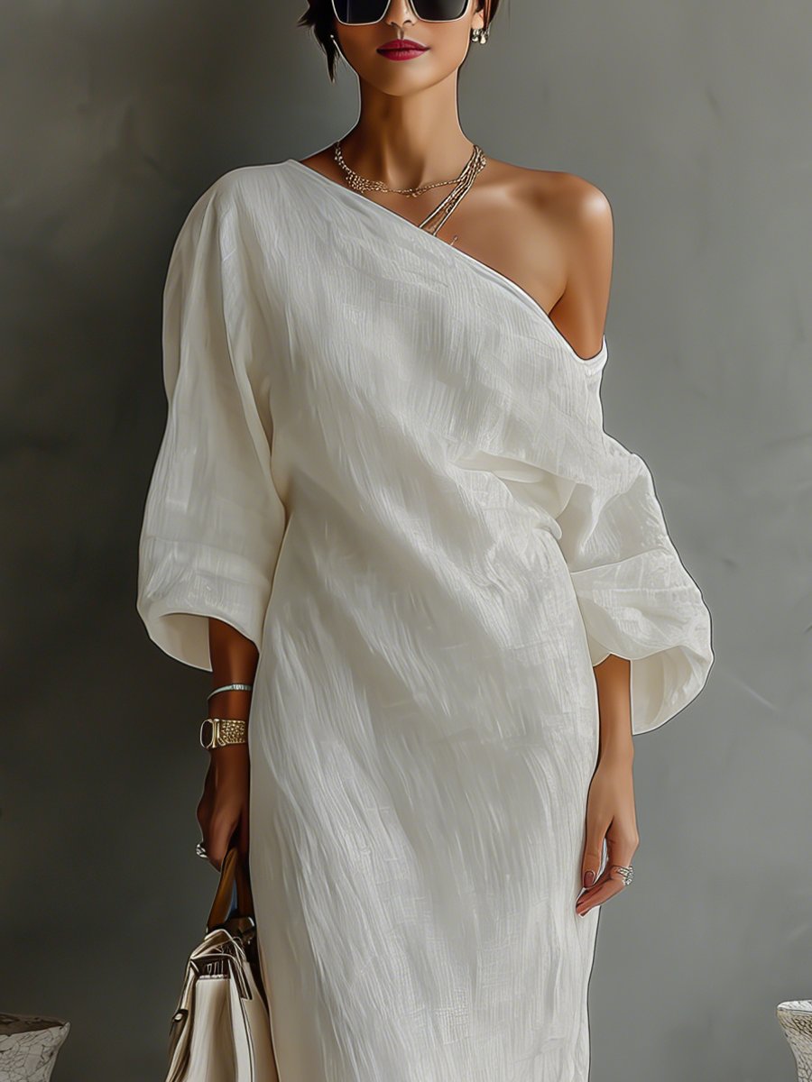 Maxi Kleid Damen | One-Shoulder Design mit Volumen-Ärmeln