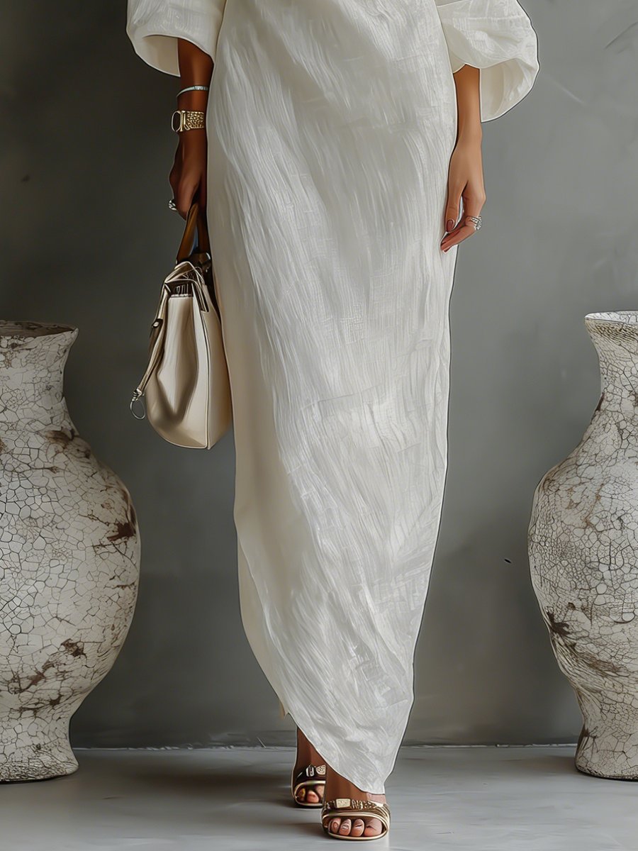 Maxi Kleid Damen | One-Shoulder Design mit Volumen-Ärmeln