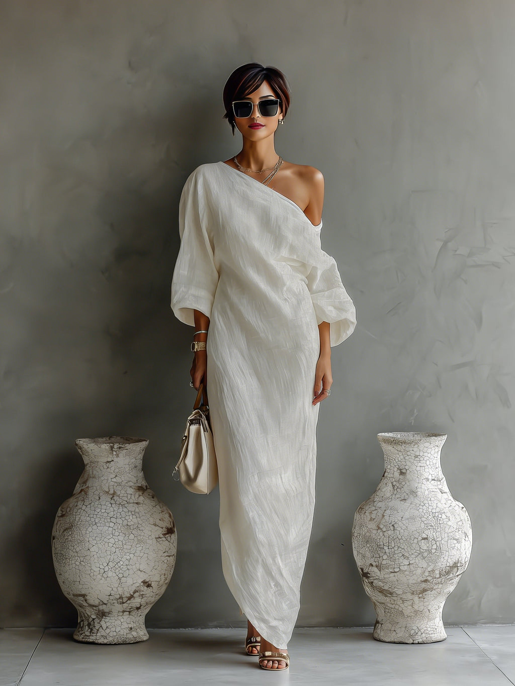 Maxi Kleid Damen | One-Shoulder Design mit Volumen-Ärmeln