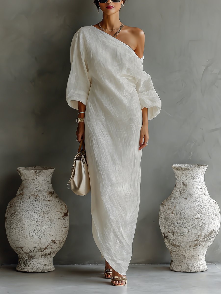 Maxi Kleid Damen | One-Shoulder Design mit Volumen-Ärmeln