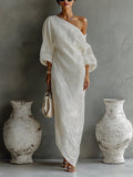 Maxi Kleid Damen | One-Shoulder Design mit Volumen-Ärmeln