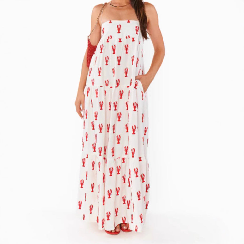 Maxi Kleid Damen | Trägerloses Bandeau & Verspielter Maritim-Print