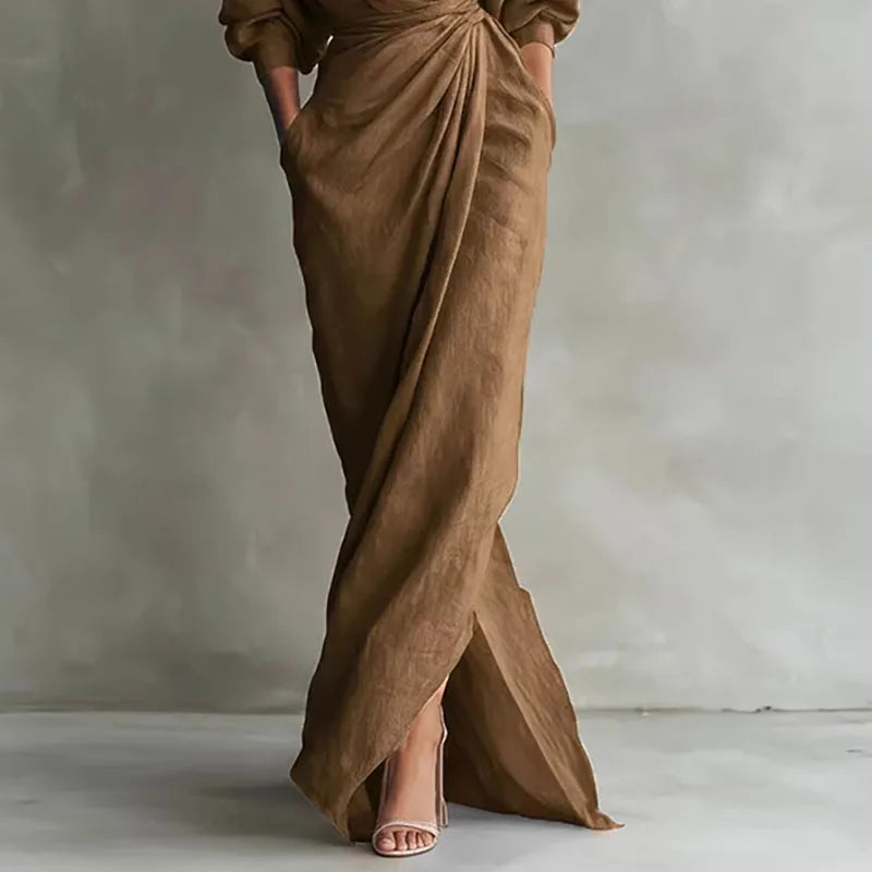 Maxi Kleid Damen | Wickelkleid & V-Ausschnitt – Elegantes Drapierungskleid