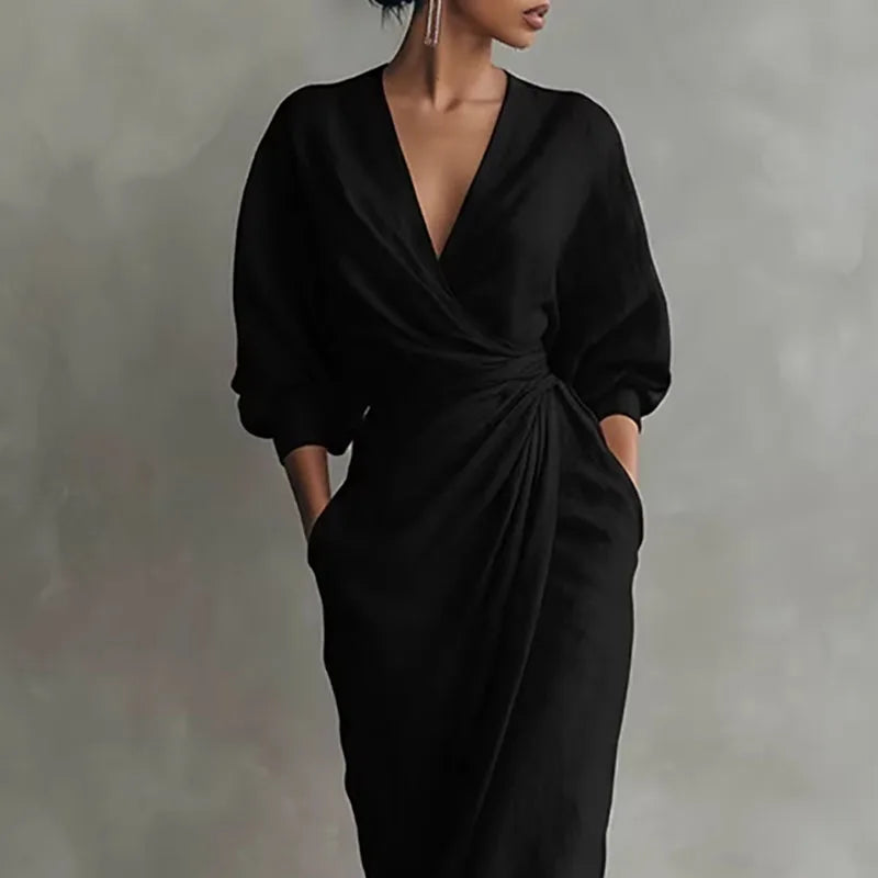 Maxi Kleid Damen | Wickelkleid & V-Ausschnitt – Elegantes Drapierungskleid