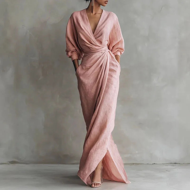 Maxi Kleid Damen | Wickelkleid & V-Ausschnitt – Elegantes Drapierungskleid