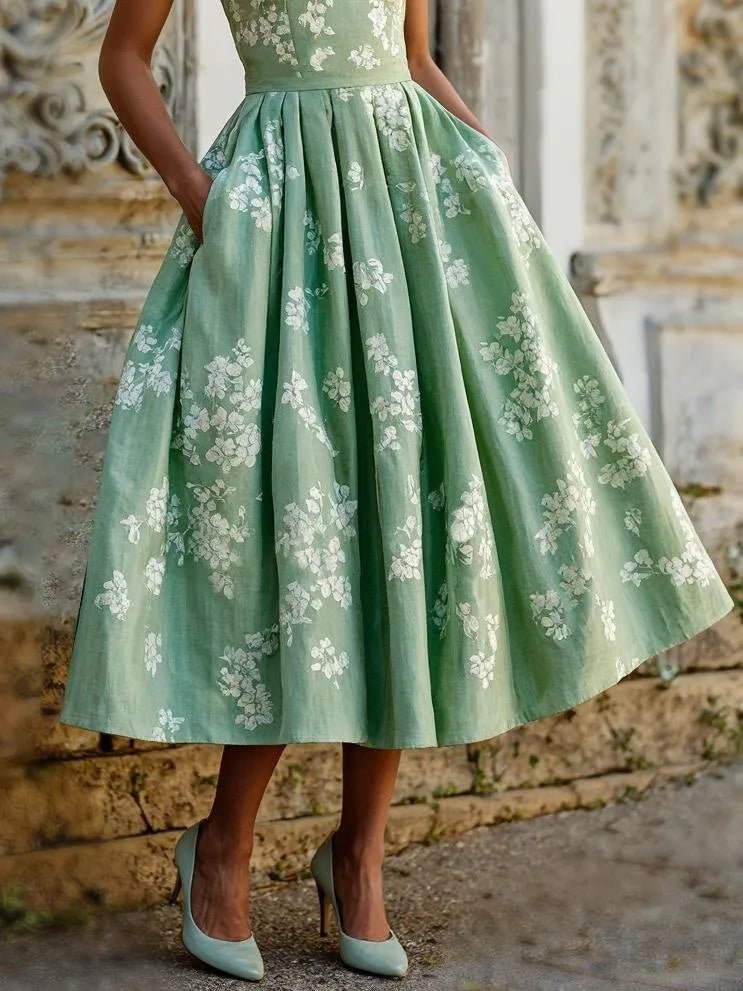 Midi Kleid Damen | Blumenprint & Ausgestellter Plisseerock
