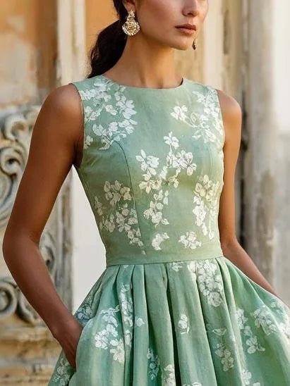 Midi Kleid Damen | Blumenprint & Ausgestellter Plisseerock