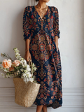 Midi Kleid Damen | Boho Print & V-Ausschnitt