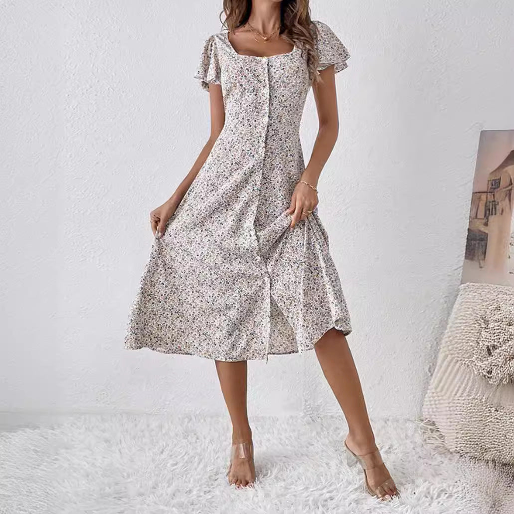 Midi Kleid Damen | Eckiger Ausschnitt & Knopfleiste mit Blümchendruck