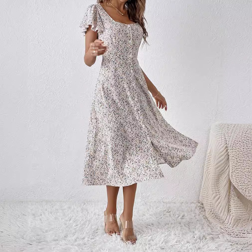 Midi Kleid Damen | Eckiger Ausschnitt & Knopfleiste mit Blümchendruck