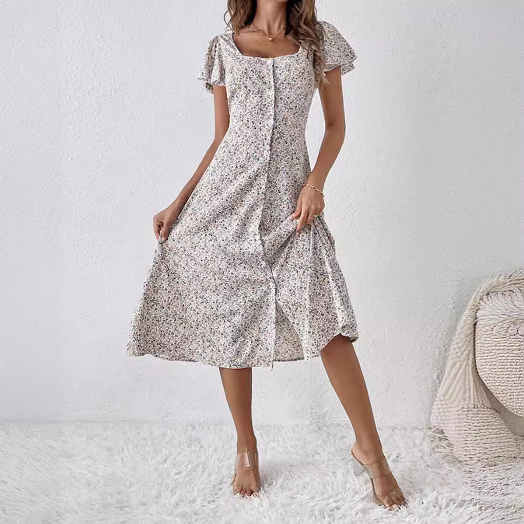 Midi Kleid Damen | Eckiger Ausschnitt & Knopfleiste mit Blümchendruck