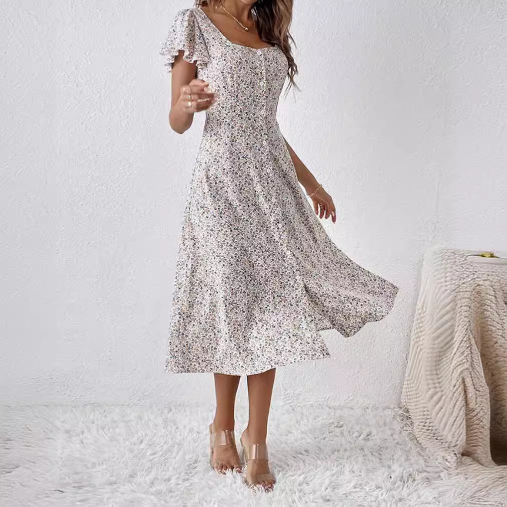Midi Kleid Damen | Eckiger Ausschnitt & Knopfleiste mit Blümchendruck