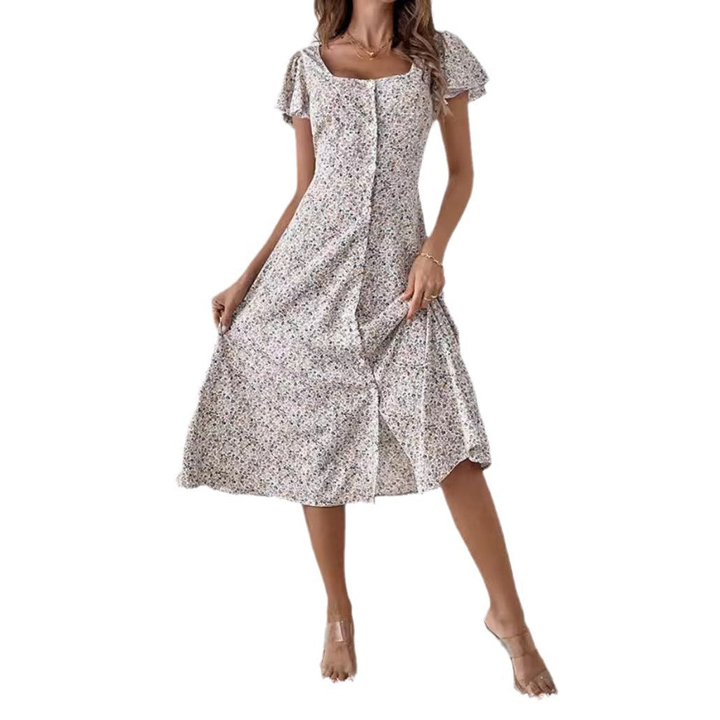 Midi Kleid Damen | Eckiger Ausschnitt & Knopfleiste mit Blümchendruck