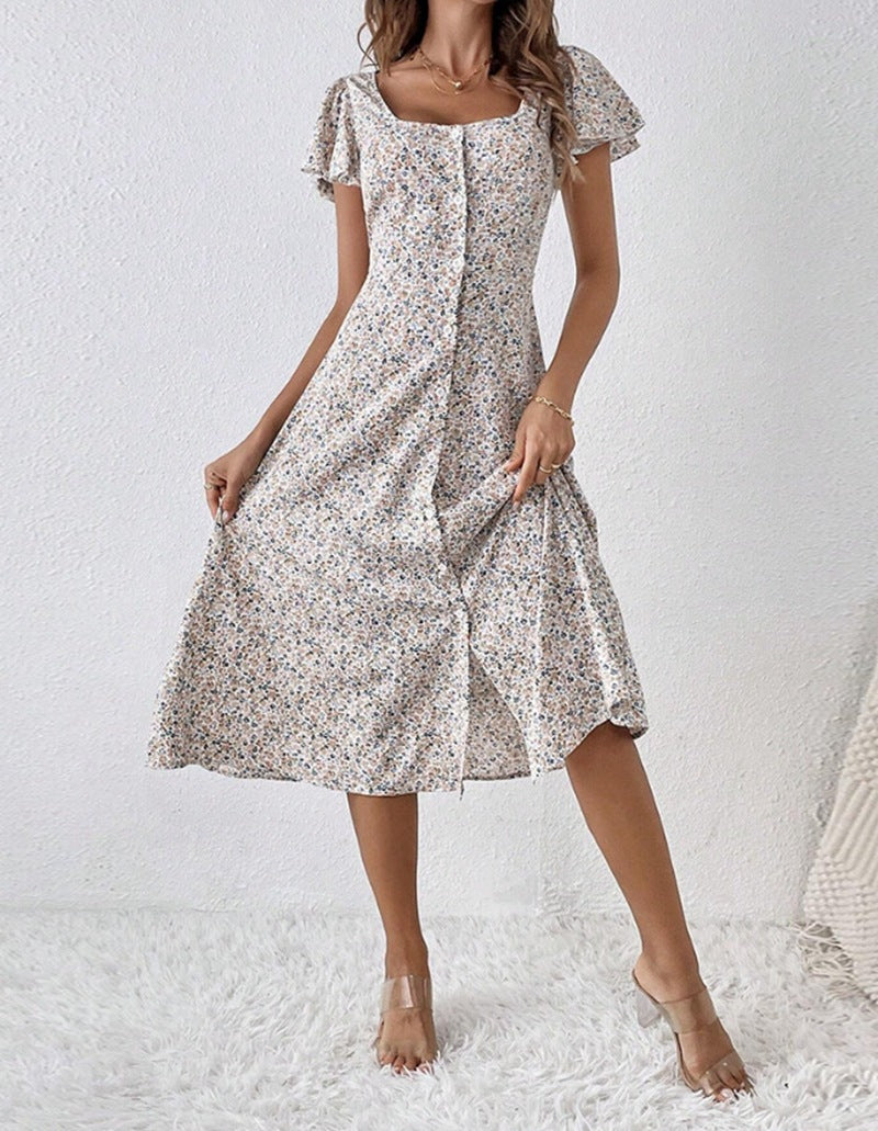 Midi Kleid Damen | Eckiger Ausschnitt & Knopfleiste mit Blümchendruck