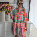 Midi Kleid Damen | Ethno-Print & Fließender Volantschnitt