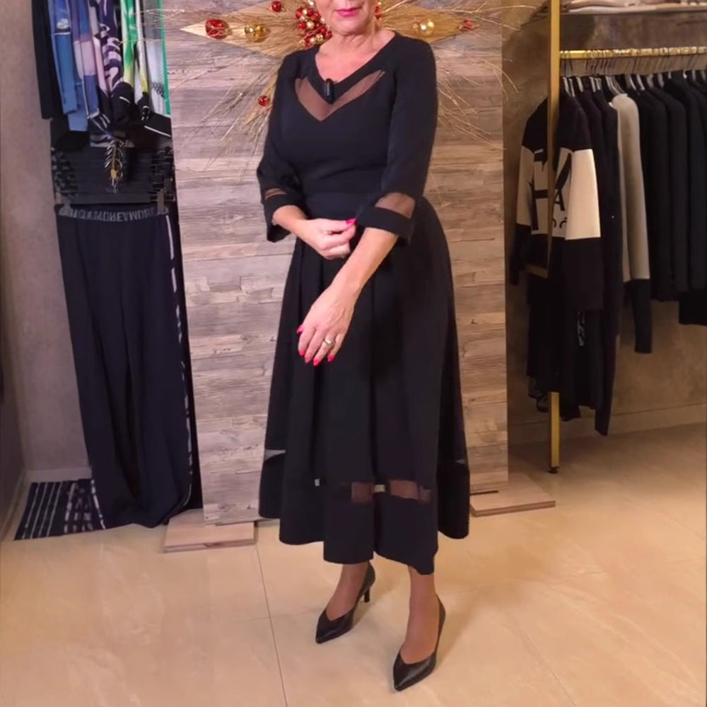 Midi Kleid Damen | Transparente Mesh-Einsätze & Taillengürtel