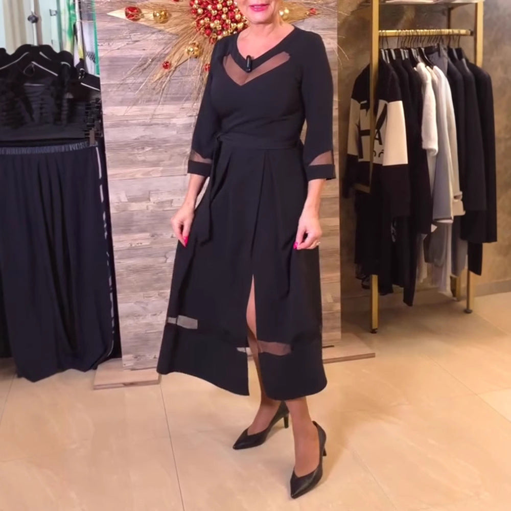 Midi Kleid Damen | Transparente Mesh-Einsätze & Taillengürtel