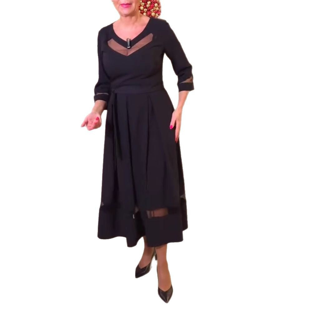 Midi Kleid Damen | Transparente Mesh-Einsätze & Taillengürtel