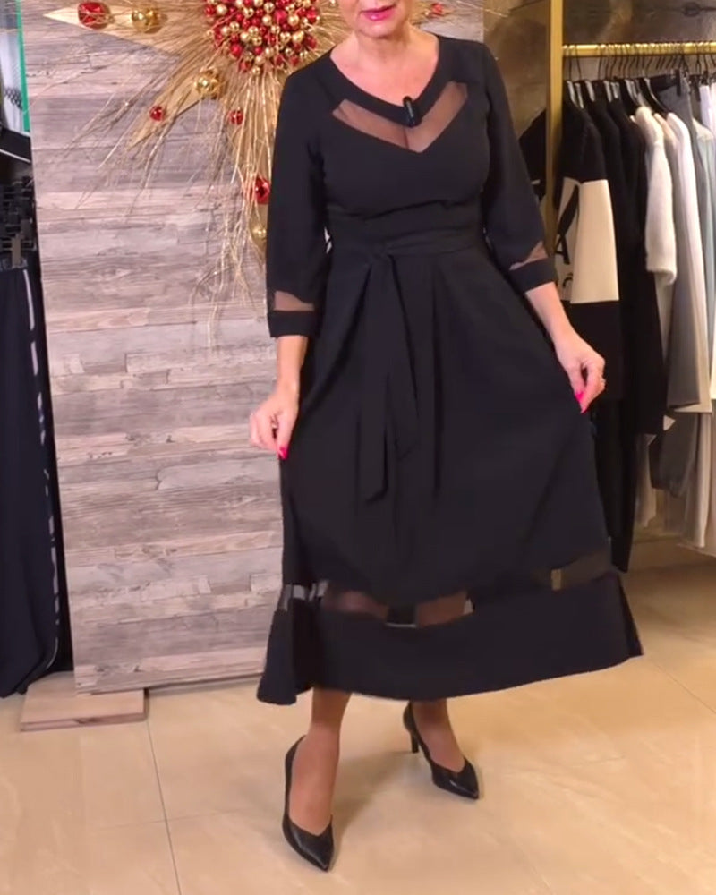 Midi Kleid Damen | Transparente Mesh-Einsätze & Taillengürtel