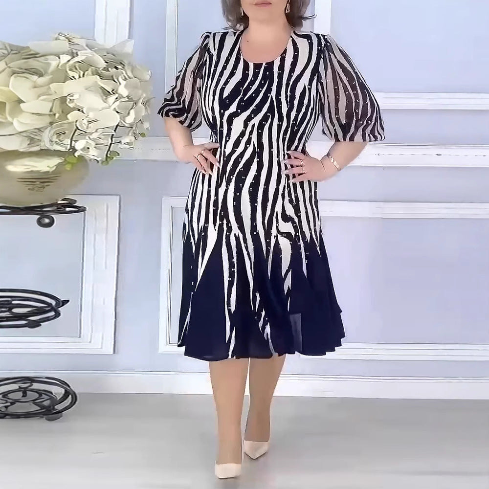 Midi Kleid Damen | Transparente Puffärmel & Animal-Print-Dessin