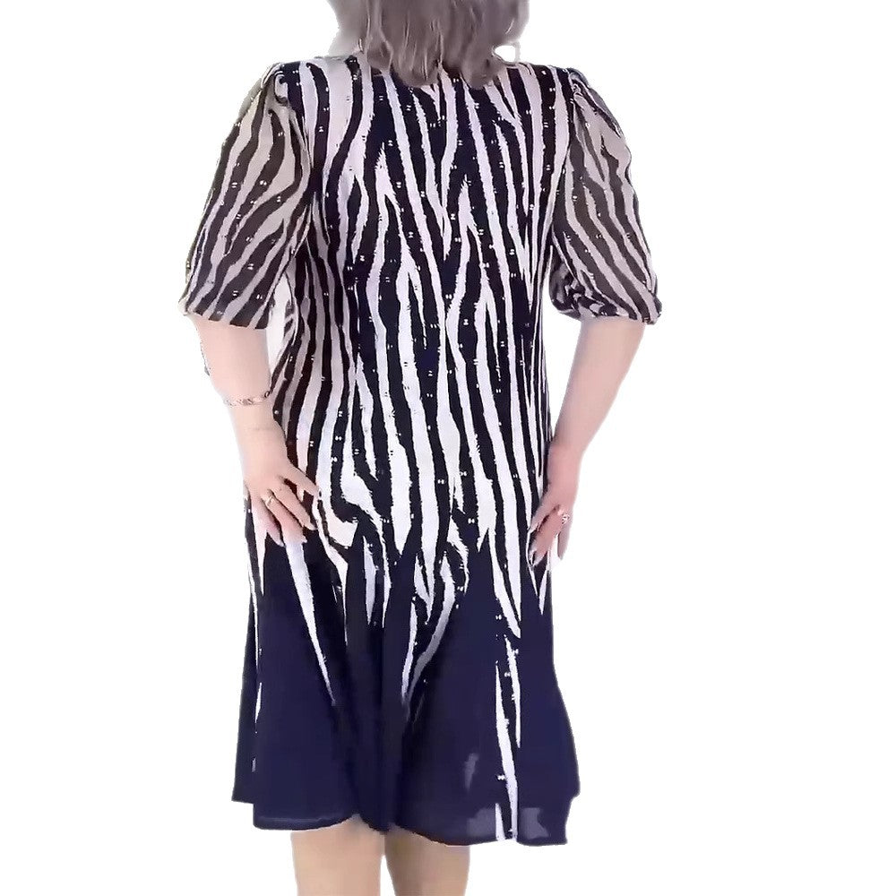 Midi Kleid Damen | Transparente Puffärmel & Animal-Print-Dessin