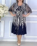 Midi Kleid Damen | Transparente Puffärmel & Animal-Print-Dessin
