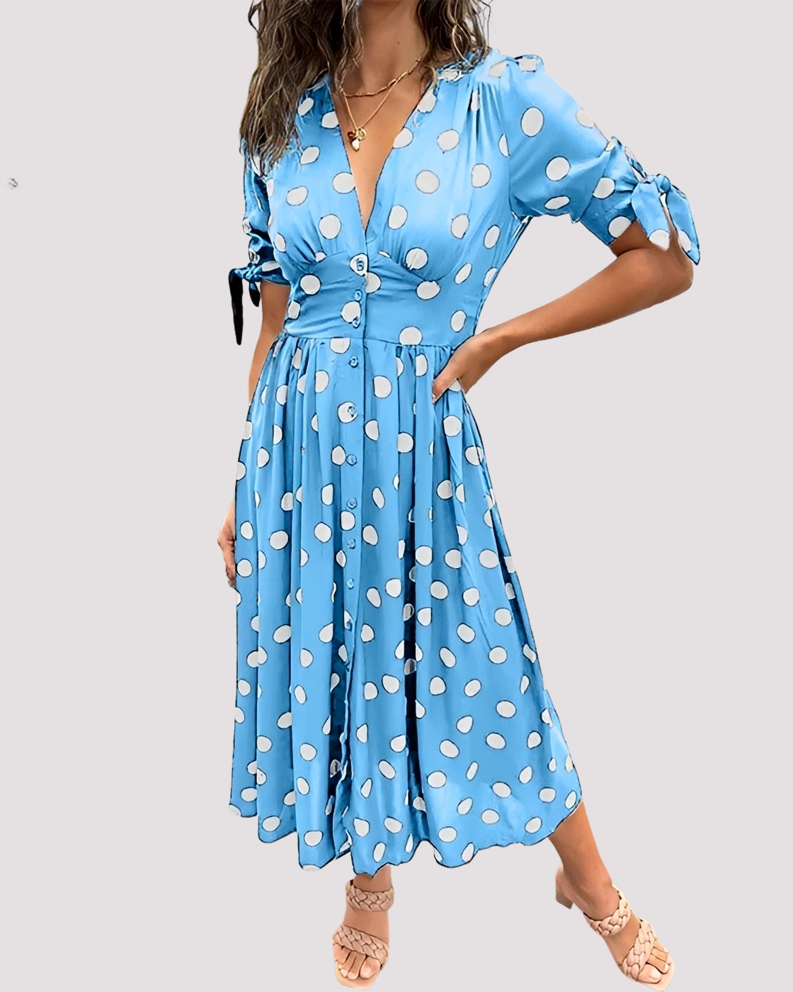 Midi Kleid Damen mit Punktmuster | Tiefer V-Ausschnitt & A-Linie