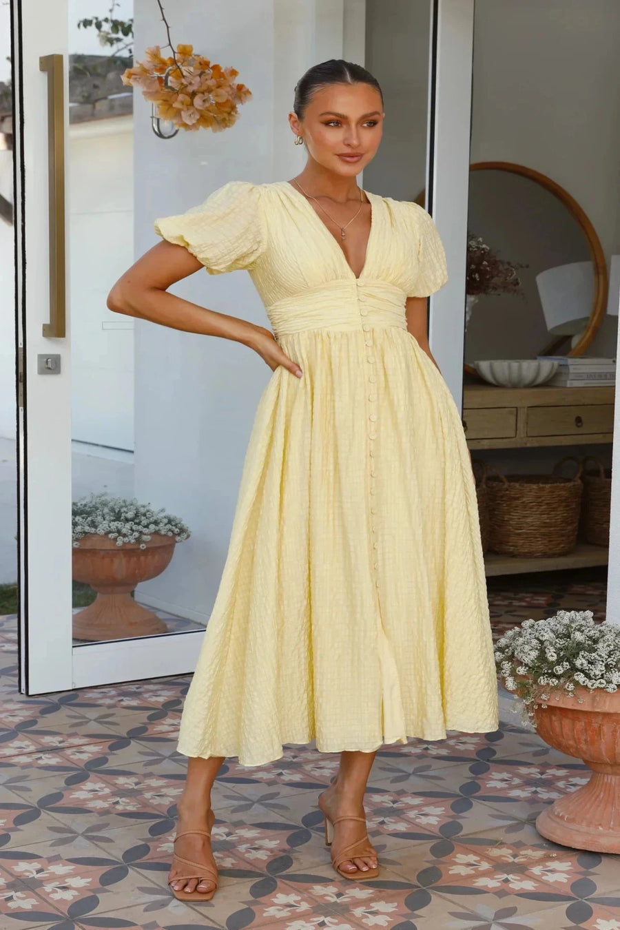 Midikleid Damen | Romantisches Puffärmel-Kleid mit Smok-Taille