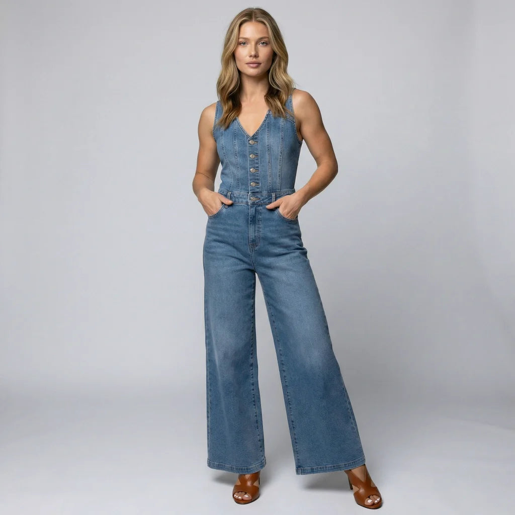 Damen Jeans Jumpsuit im ärmellosen Schnitt mit weitem Bein
