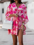 Mini Kleid Damen | Blumenmuster & V-Ausschnitt mit Kimono-Ärmeln