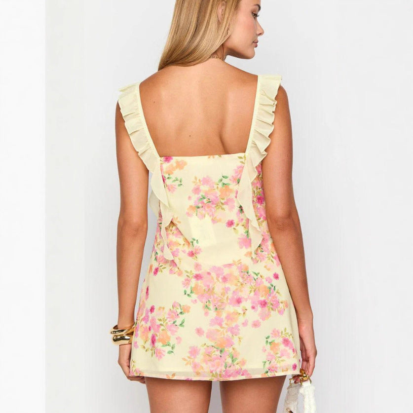 Mini Kleid Damen | Rüschenträger & Schleifendetail mit Blumenmuster