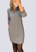 Mini Kleid Damen mit Hahnentrittmuster | Polokragen & Reißverschluss