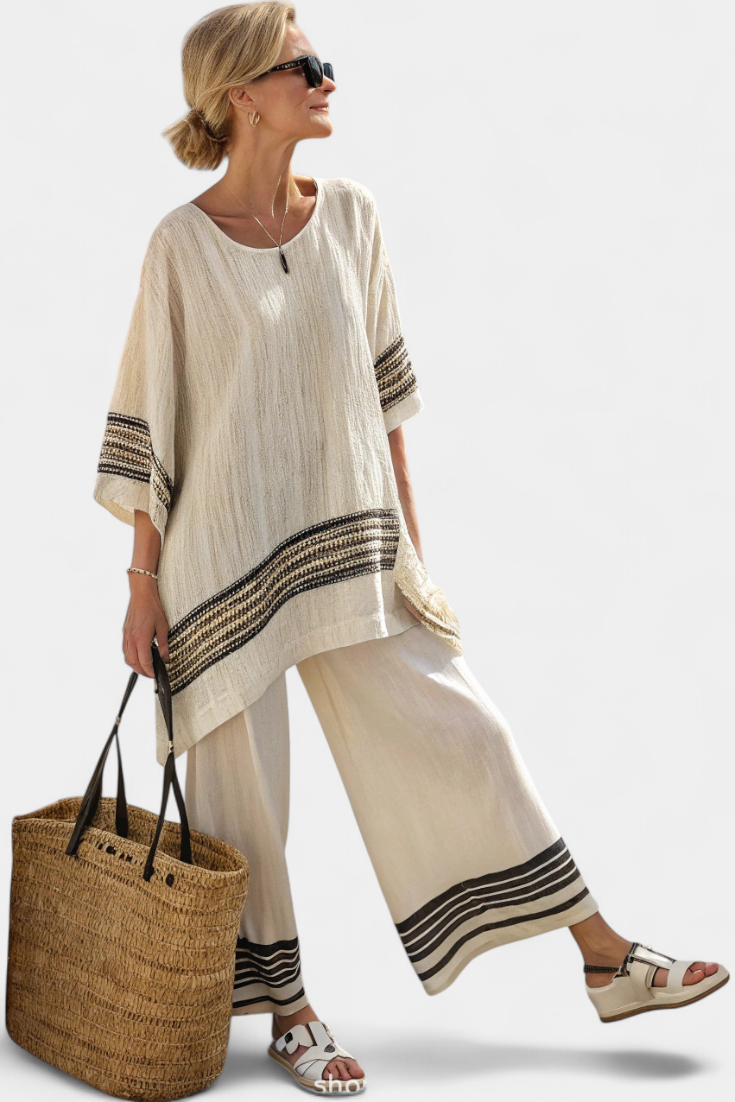 Damen Streifen Jogger Sommer Leinen Set