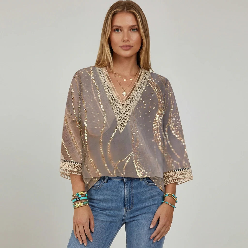 Bunte Damen Bluse mit V-Ausschnitt und 3/4 Ärmeln