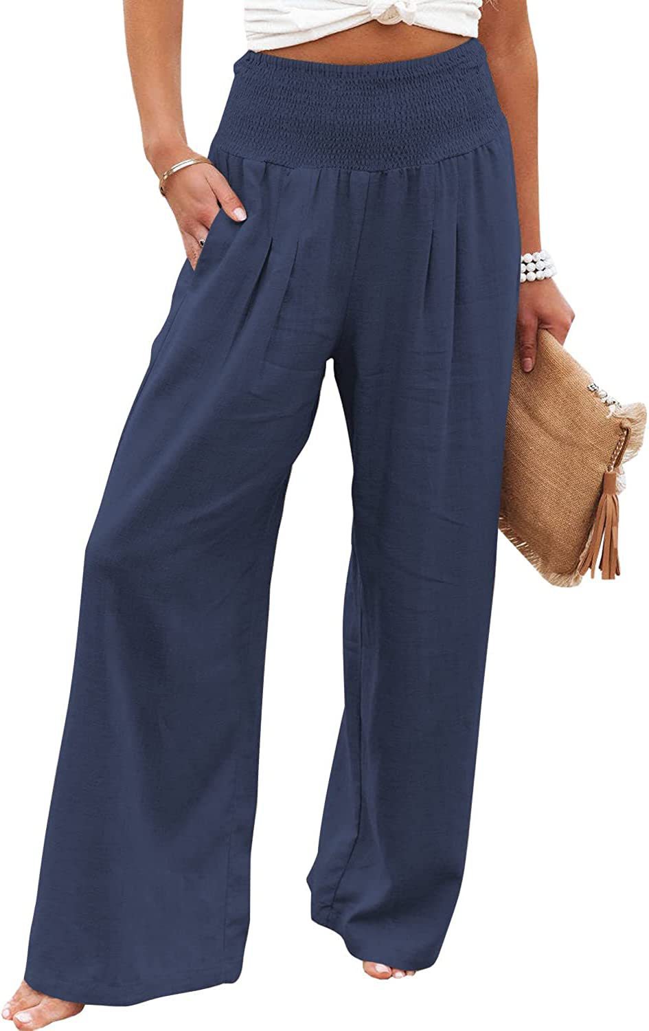 Damen lässige Palazzo-Hose mit elastischem Taillenbund und Seitentaschen Drune