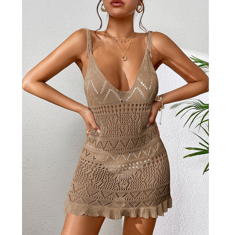 Damen Häkel-Strandkleid mit verstellbaren Trägern und Rüschensaum Drune