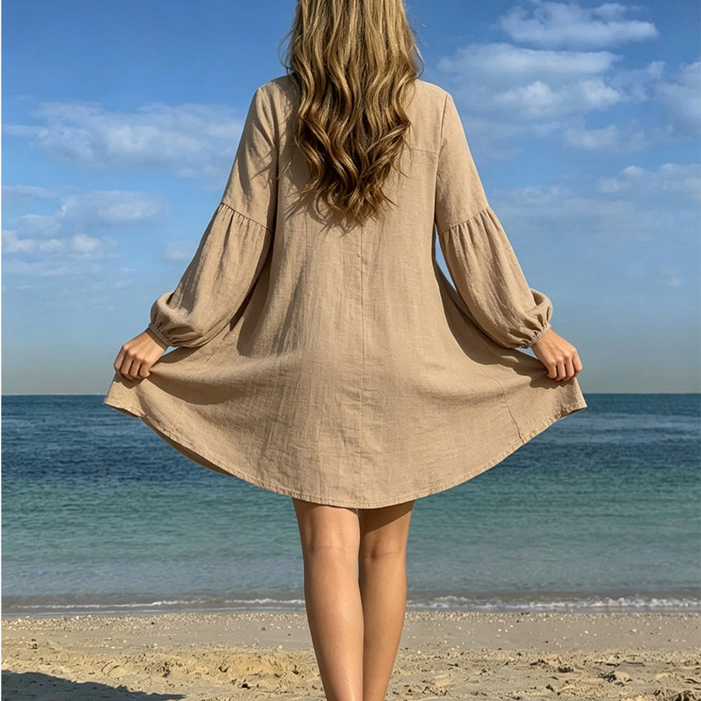 Damen lässiges Strandhemdkleid mit Knopfleiste und ballonförmigen Ärmeln Drune