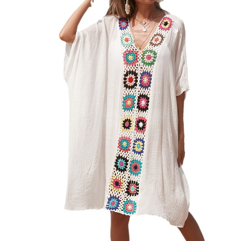 Damen Häkel-Strandtunika im lässigen Oversize-Stil mit bunten Applikationen Drune