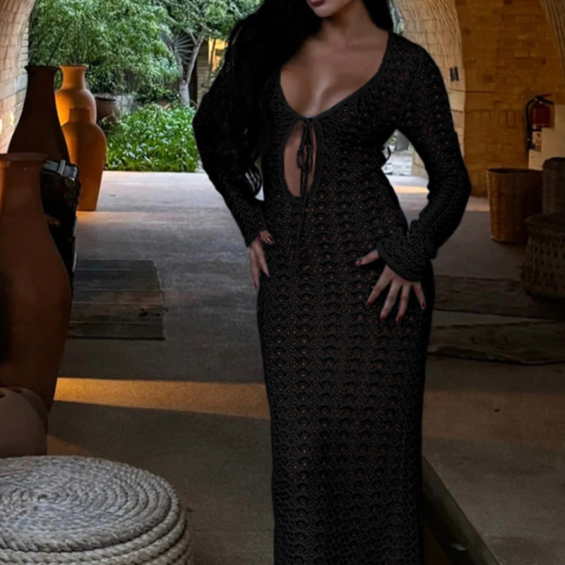 Damen luftiges Häkel-Strandkleid mit V-Ausschnitt und Schnüroptik Drune