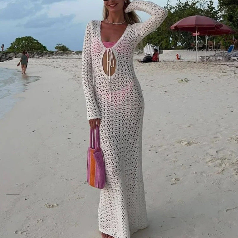 Damen luftiges Häkel-Strandkleid mit V-Ausschnitt und Schnüroptik Drune