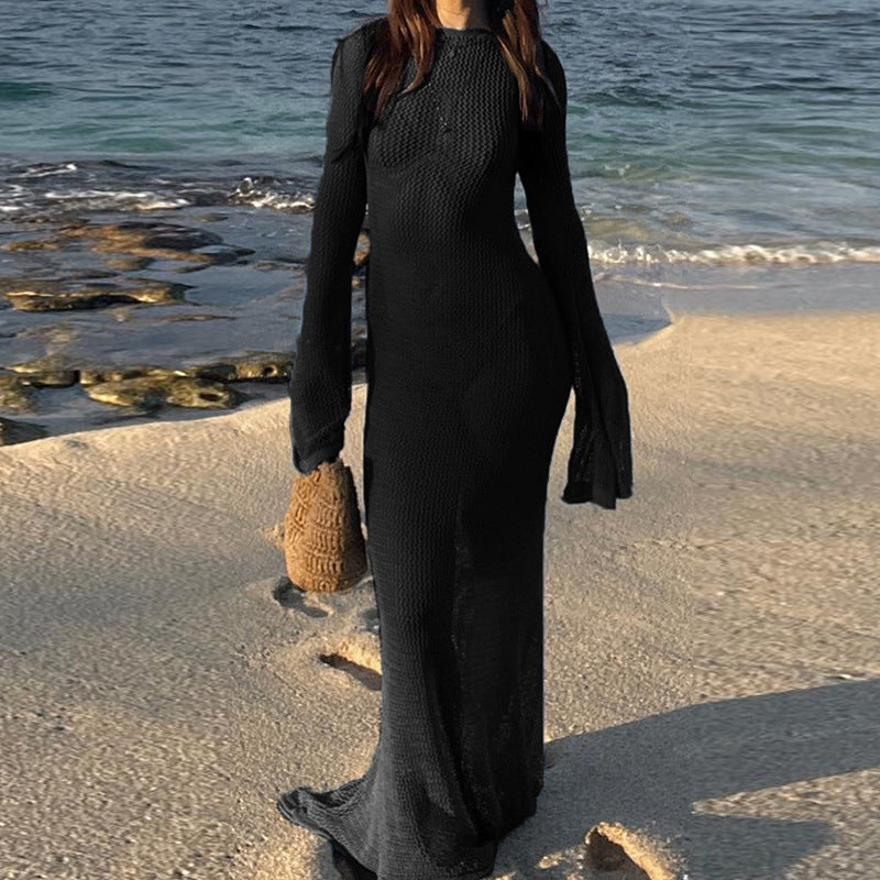 Damen transparentes Strandkleid aus Netzmaterial mit weitem Schnitt und offenen Ärmeln Drune